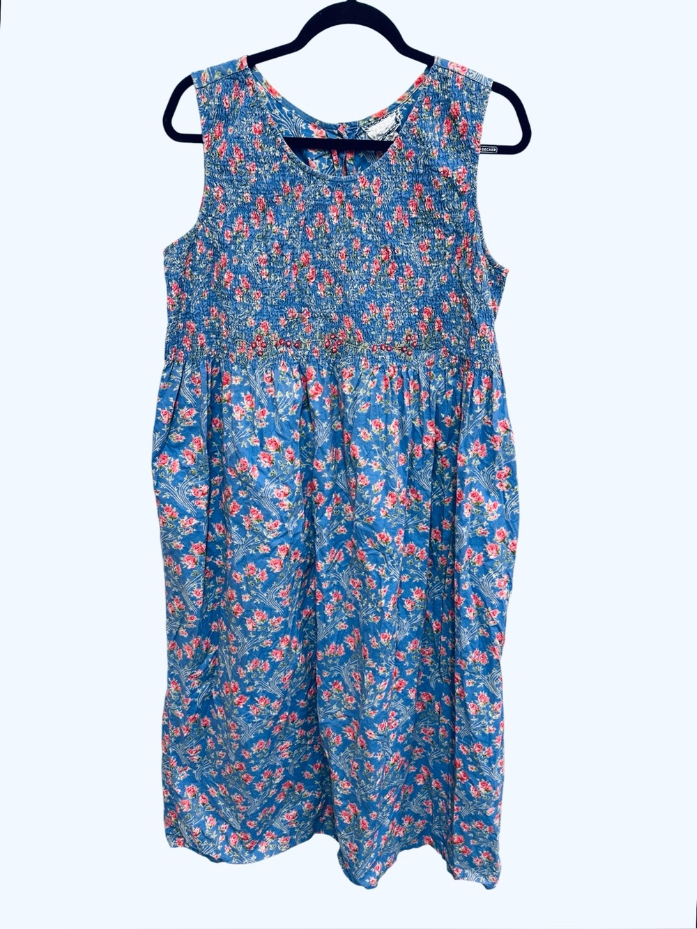 Vintage April Cornell 100% cotton periwinkle floral smocked bodice dress Size L